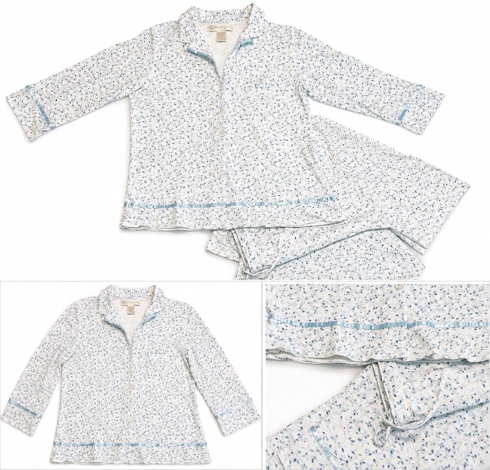 Eileen West White Blue Floral Modal Cotton 2 pc Pajama Set Small Ribbon Trim EUC